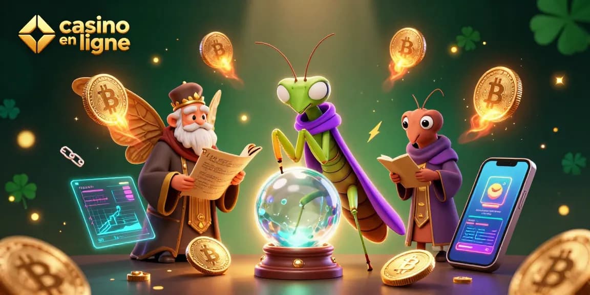 Visualisez les mystères du casino en ligne avec un ésotérique éveilleur et l'humour d'un bibliothécaire, entouré de symboles de chance.