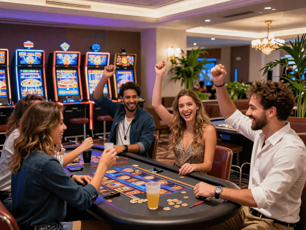 Exciting scene at european online casinos uk with friends celebrating a gaming win.