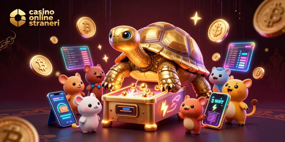 Prova divertente nei casino online stranieri con una tartaruga dorata e animali entusiasti in un'atmosfera colorata.
