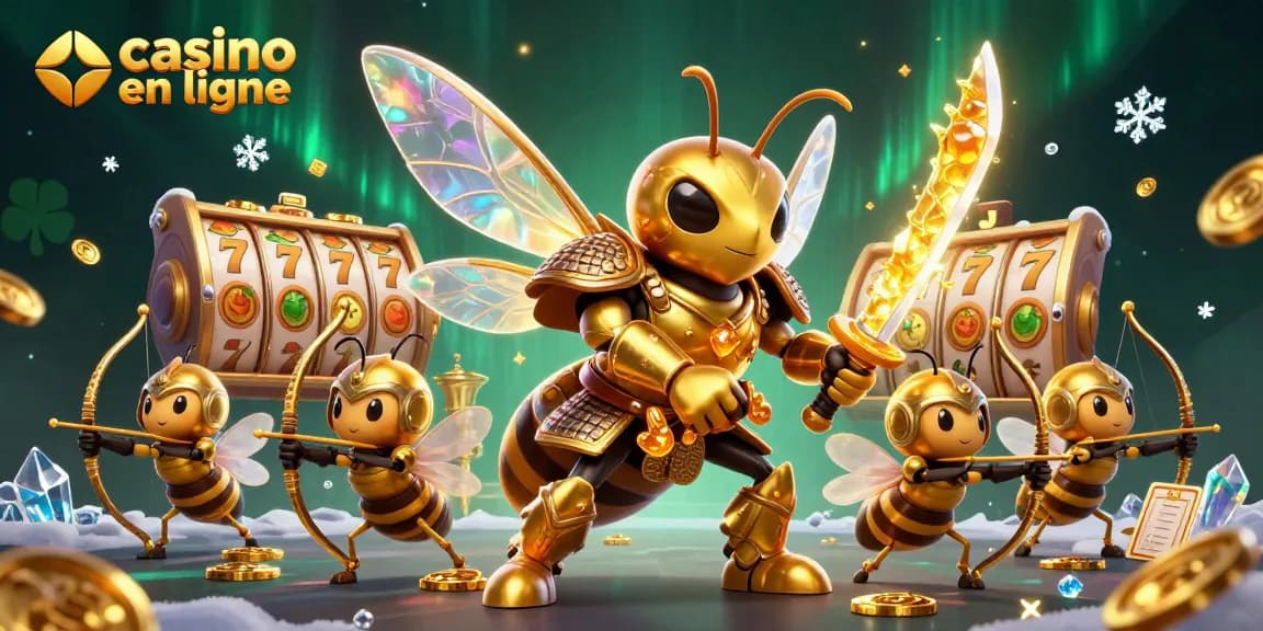 Jouez au casino en ligne avec une illustration captivante d'un hornet en armure de samouraï et des clichés de jeux.