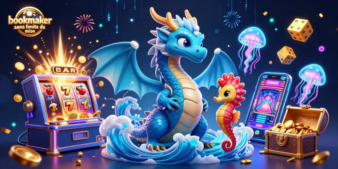Plonge dans le monde du bookmaker sans limite de mise avec une illustration dynamique de dragons et de jeux.