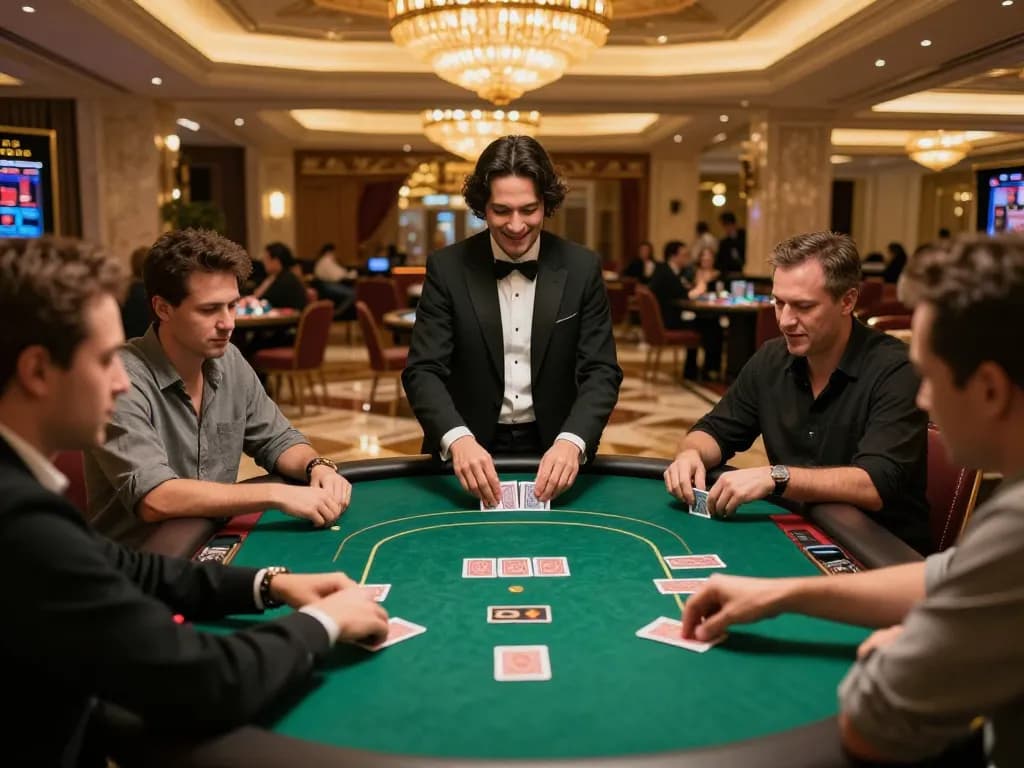 Luck8 players enjoying intense poker match at an upscale casino table under warm lighting