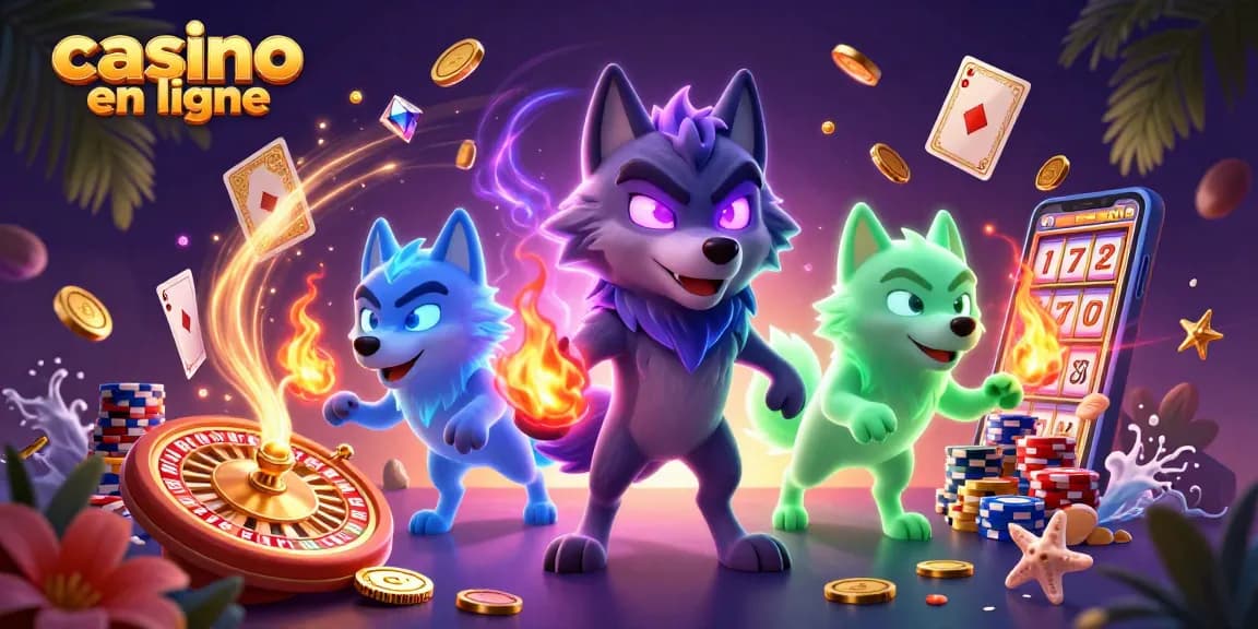 Illustration dynamique de casino en ligne avec un loup spectral et des éléments de jeux autour.