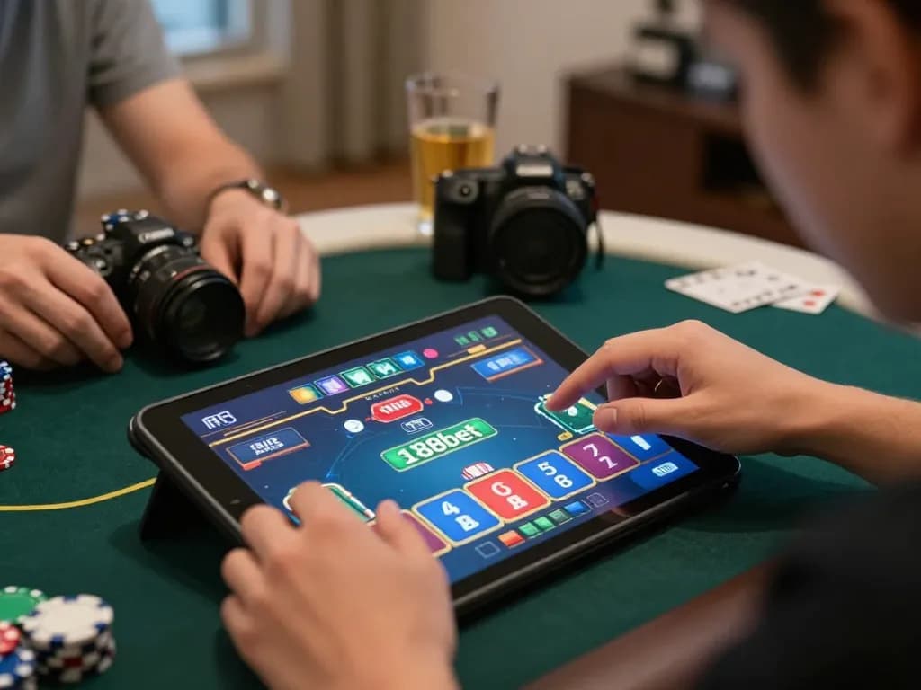 Engaging online poker session on a tablet showcasing 388bet gaming interface in a cozy home setting