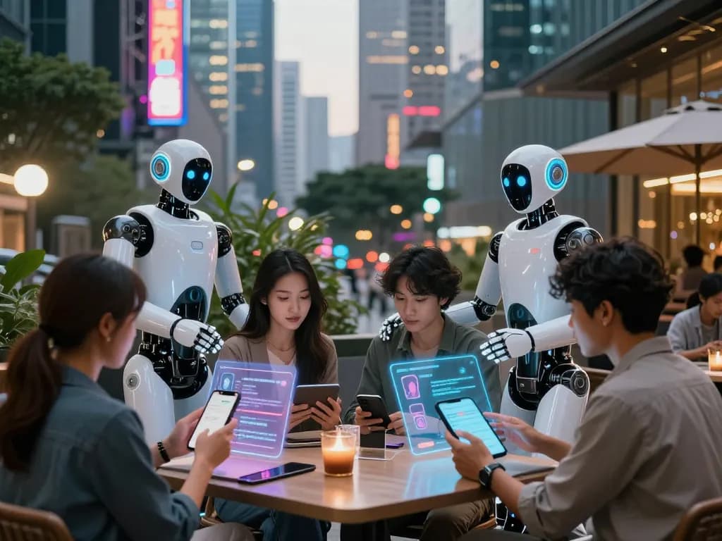 Innovative scene of people using AI sex companions in a futuristic urban setting, showcasing vibrant city life and technology interactions.
