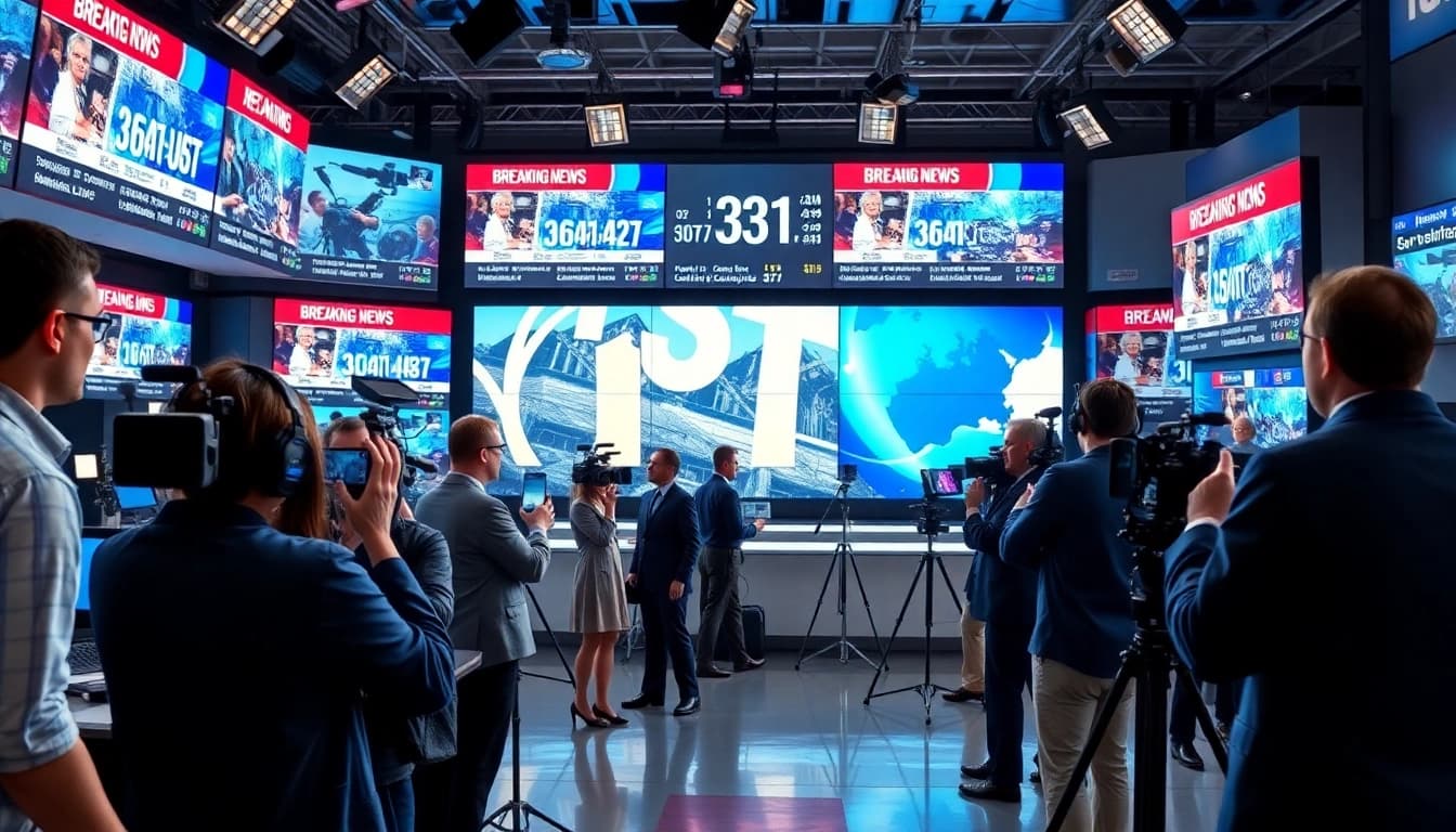 Journalists cover breaking news at https://www.thedailynewsonline.com in a vibrant newsroom.