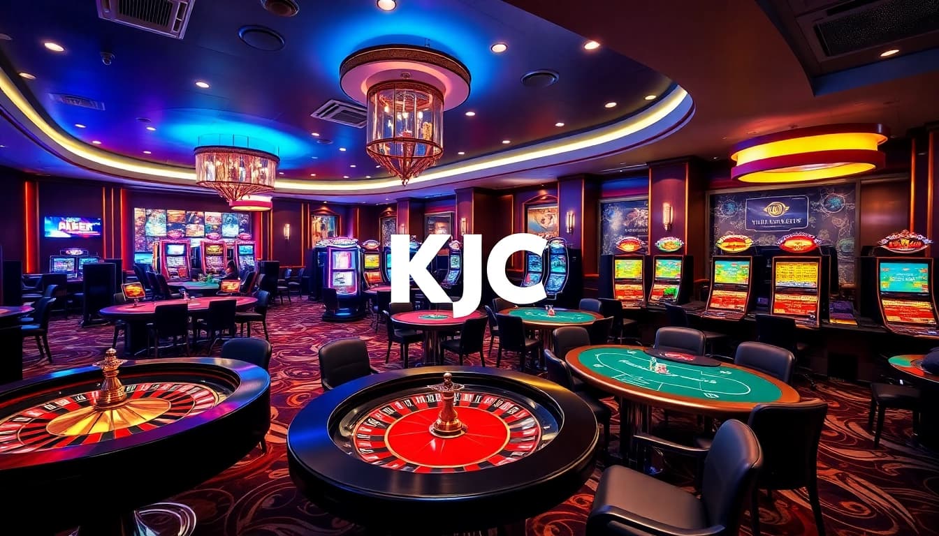 Excited players enjoying various games at KJC casino, surrounded by vibrant slot machines and roulette.