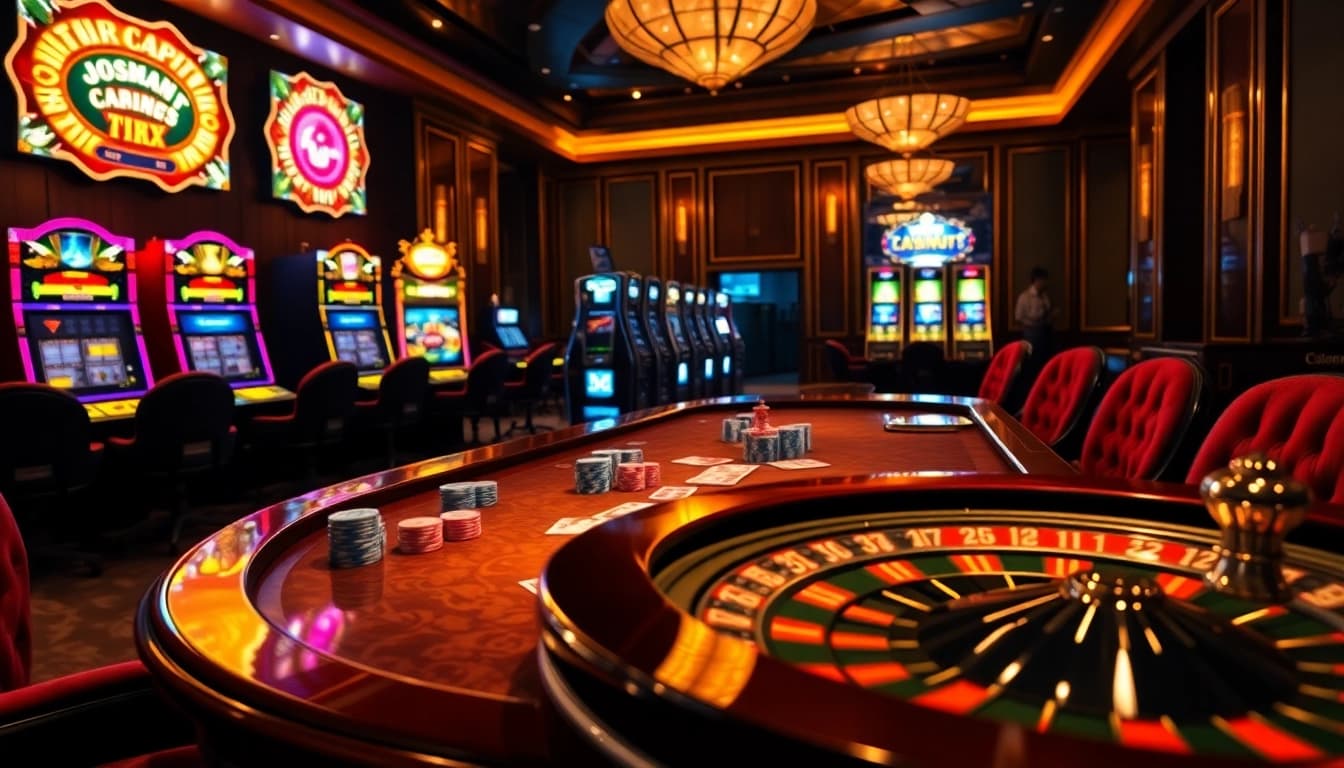 Experience the thrill of https://go99.observer/ with a vibrant casino scene showcasing poker tables and roulette wheels.