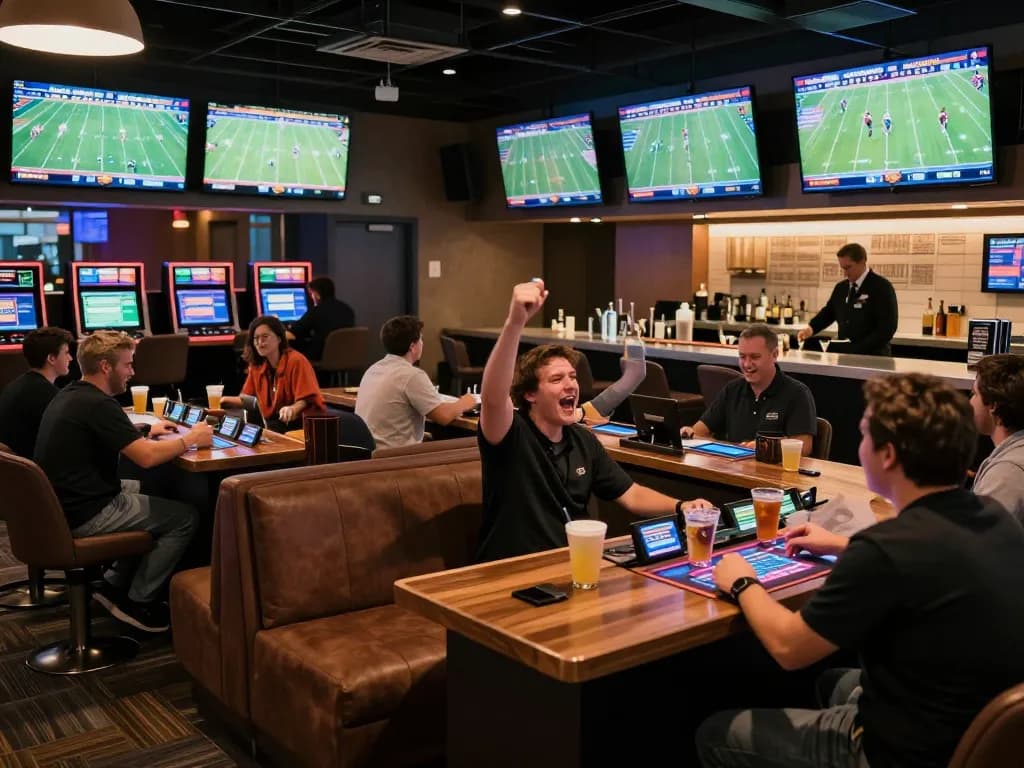KQBD enthusiasts placing bets during thrilling live matches in a vibrant sports lounge