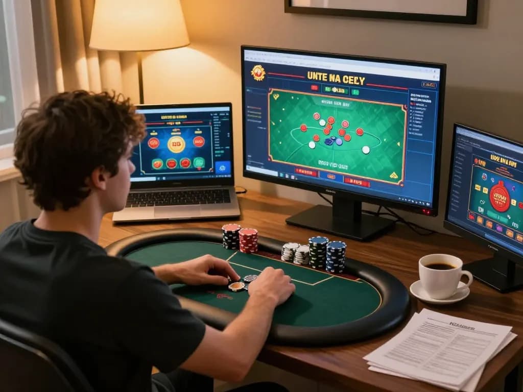 Engaged player strategizing with poker hands at home, highlighting giường bệnh nhân in critical decision moments.