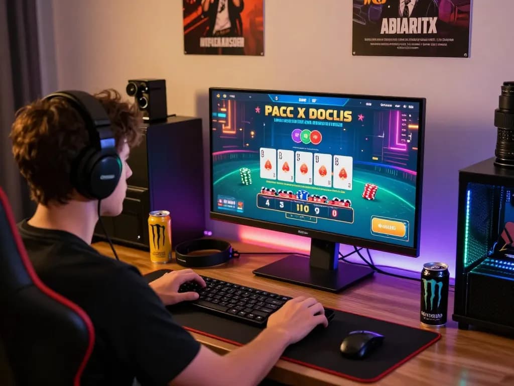 Player engaging in an exciting online baccarat game at a modern desktop setup, surrounded by gaming gear.