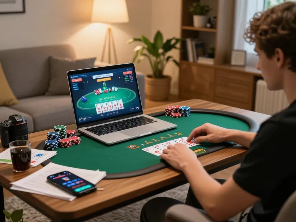 Engaging online poker game session at home with xx88 on screen, showcasing dynamic gameplay