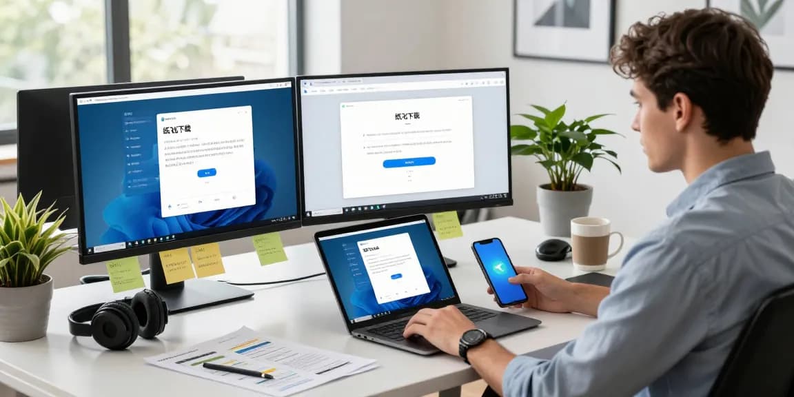 Engaging workspace showcasing the 纸飞机下载 process on multiple devices, promoting productivity and technology integration.