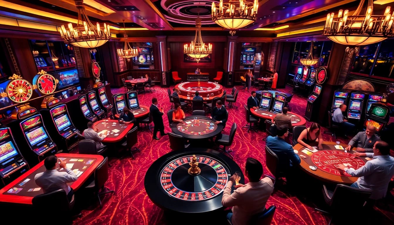 NoHu-inspired excitement in a luxurious casino, showcasing vibrant gaming tables and slot machines.