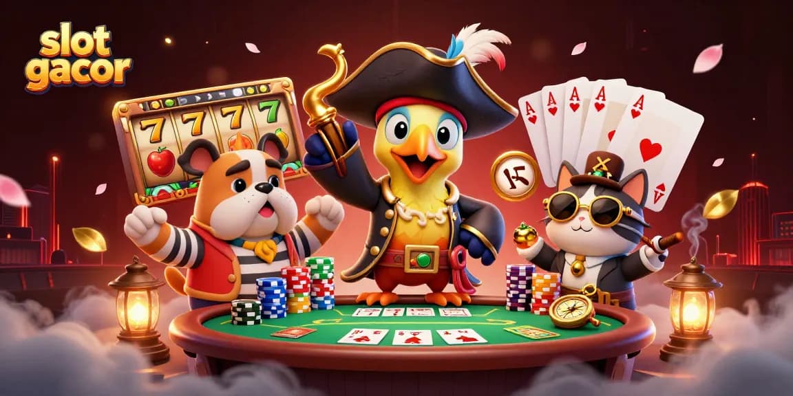 Gambarkan slot gacor dengan karakter pirat dan kartun dalam atmosfer kasino yang semarak.