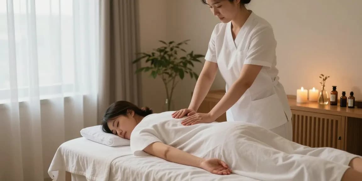 부산마사지 전문 테라피스트가 편안한 마사지 공간에서 고객에게 마사지를 제공하는 모습