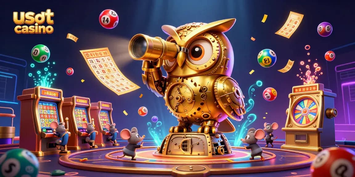 Giochi al casinò usdt: un gufo meccanico sorveglia mentre topolini si divertono tra le slot machine.