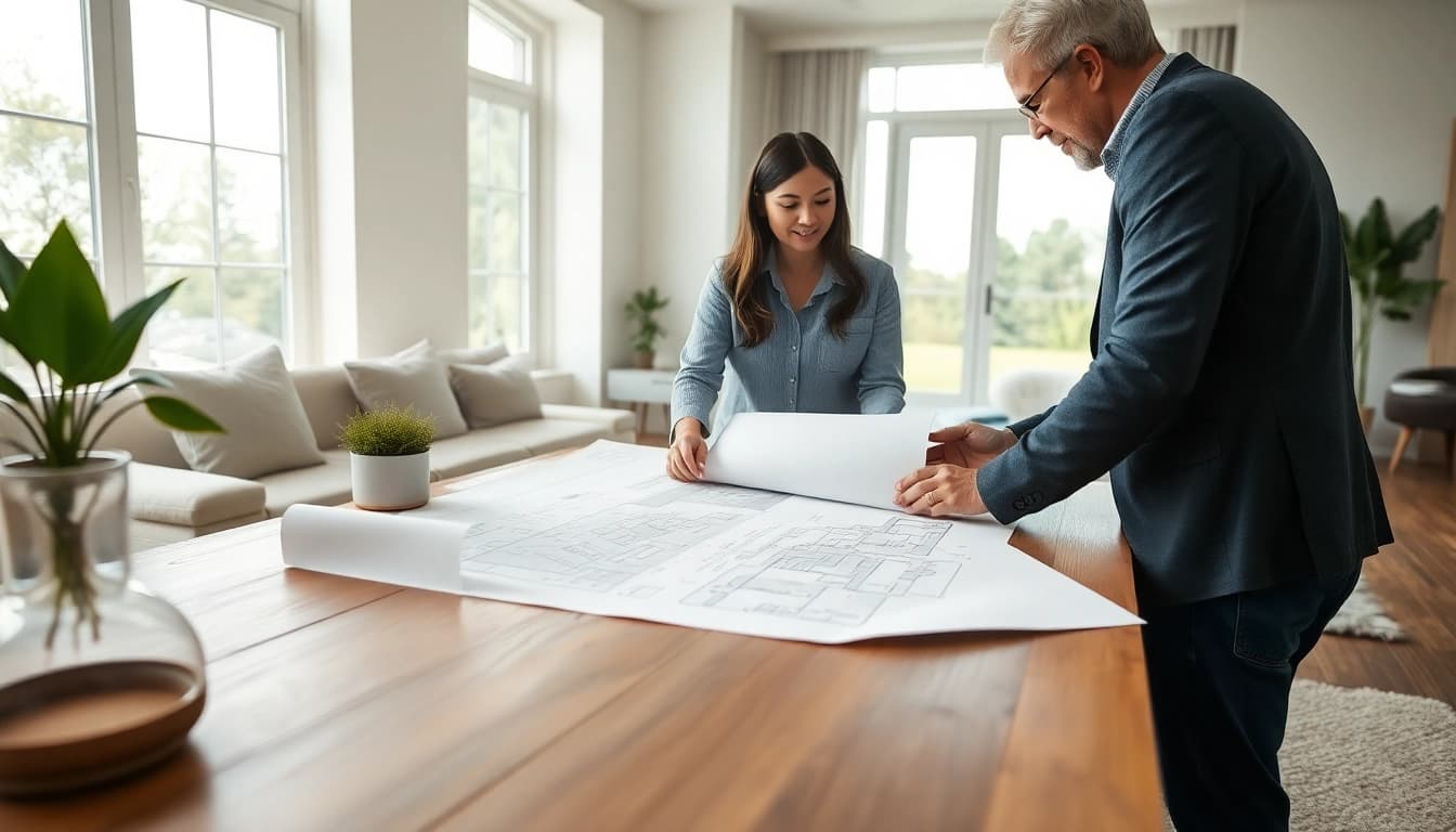 Start a residential architecture project with a home consultation featuring blueprints and an architect.