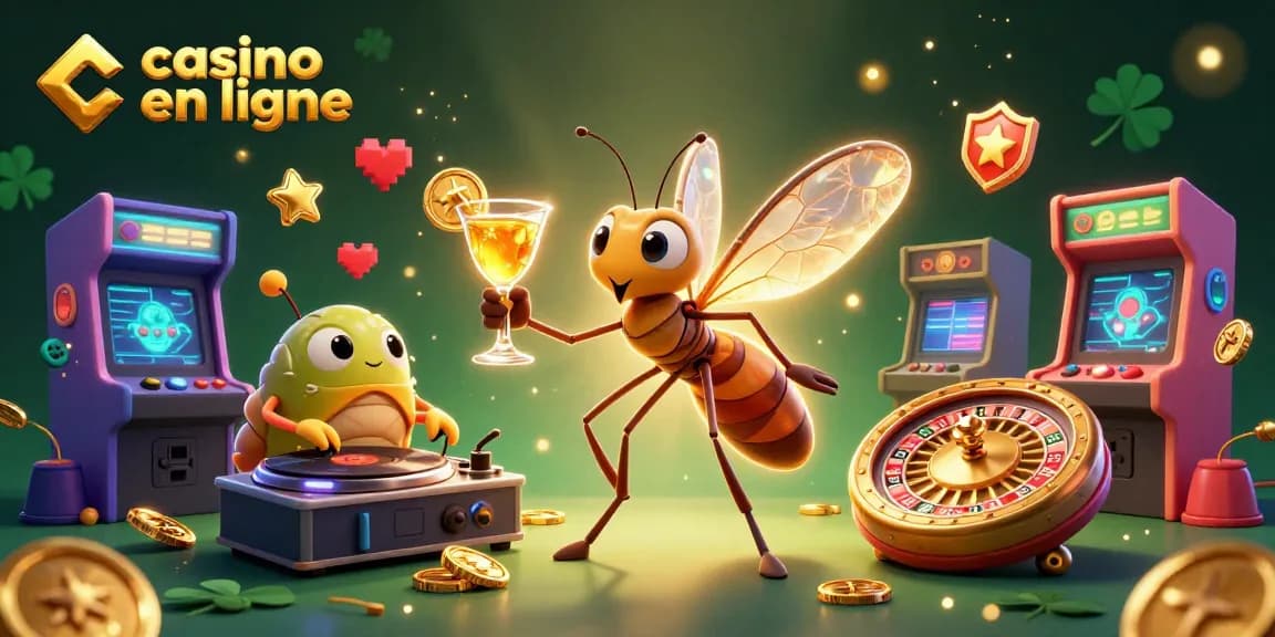 Illustration dynamique représentant un casino en ligne avec un moustique, un DJ trilobite et une roulette dorée.