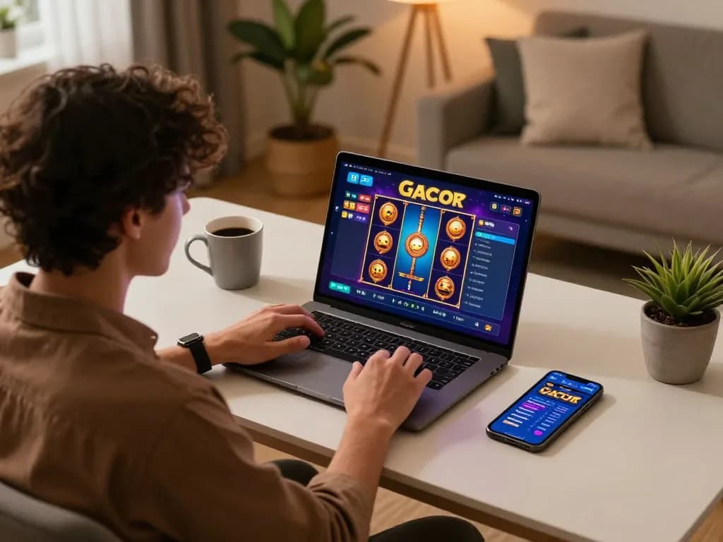 Player engaging in slot gacor game on laptop, surrounded by a comfortable home setup, crafting a strategic experience.