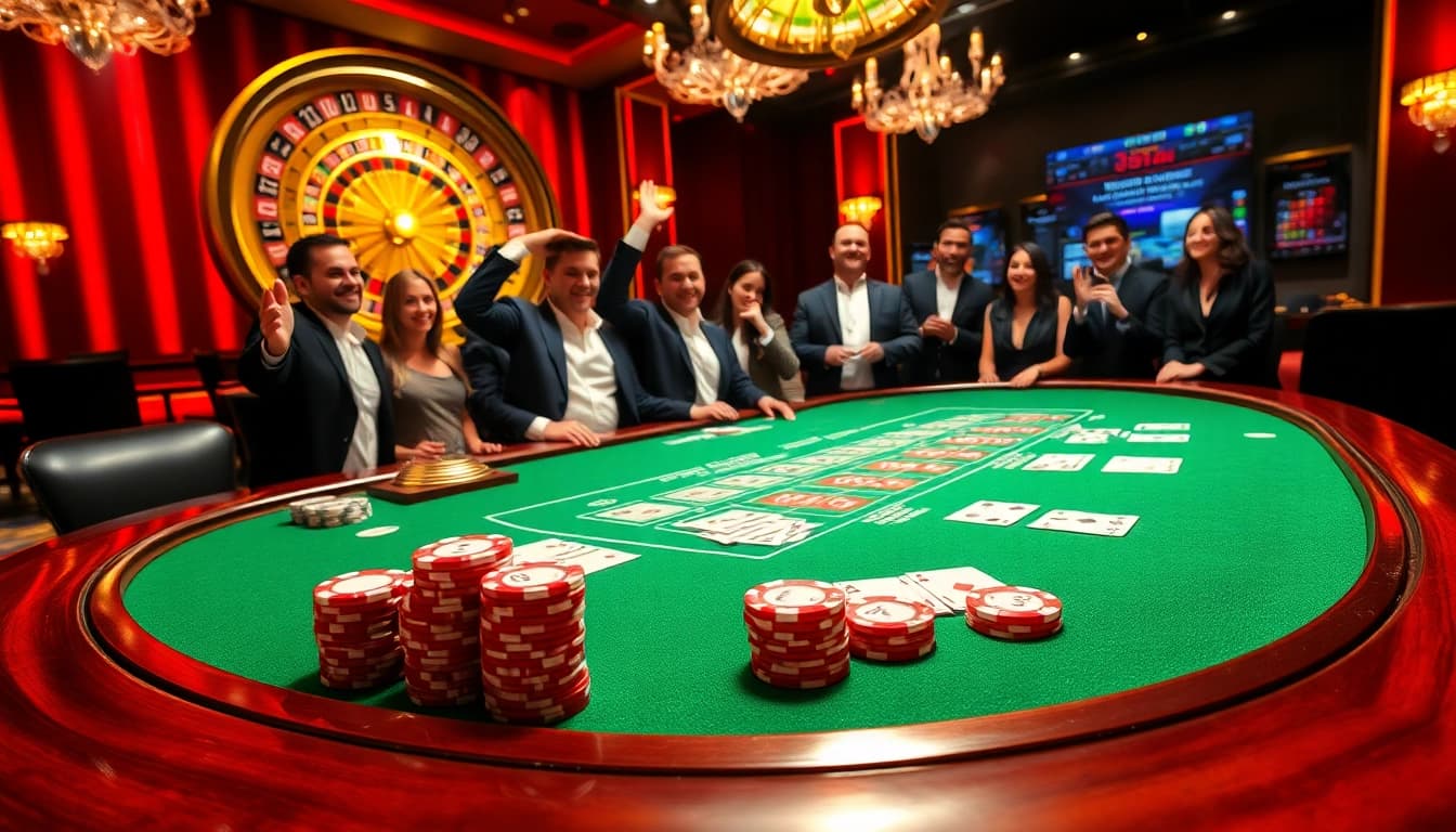 Experience the thrill of winning at the exciting 98win com blackjack table, where players celebrate big wins with vibrant poker chips.