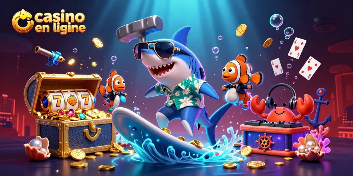 Illustration dynamique de casino en ligne avec requin, poisson clown et DJ dans un océan de pièces d'or.