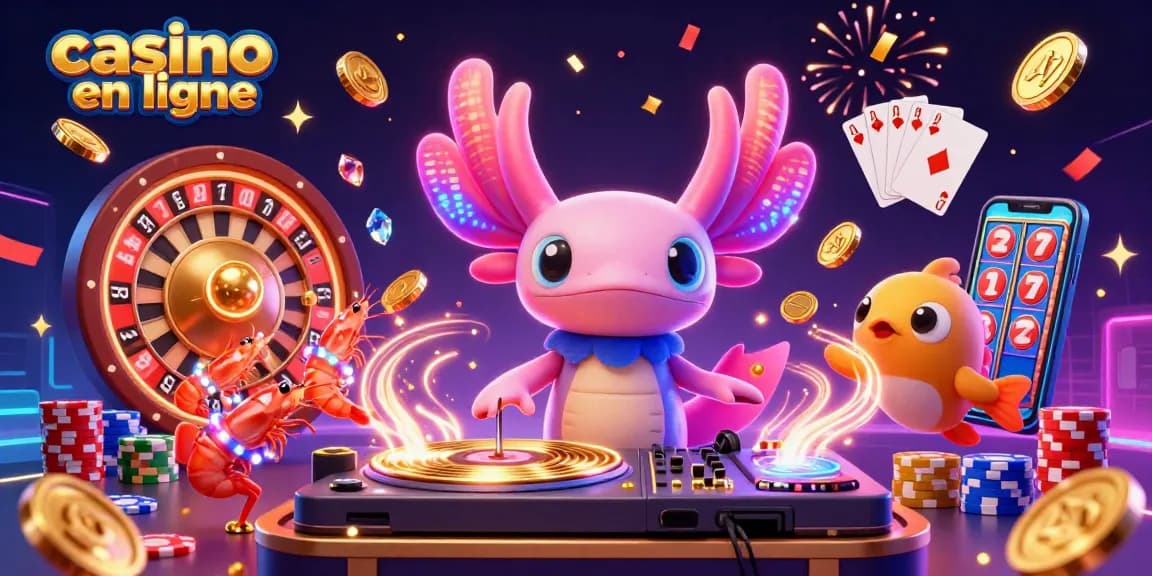 Animation colorée montrant un DJ axolotl et des crevettes dans une scène de casino en ligne joyeuse.