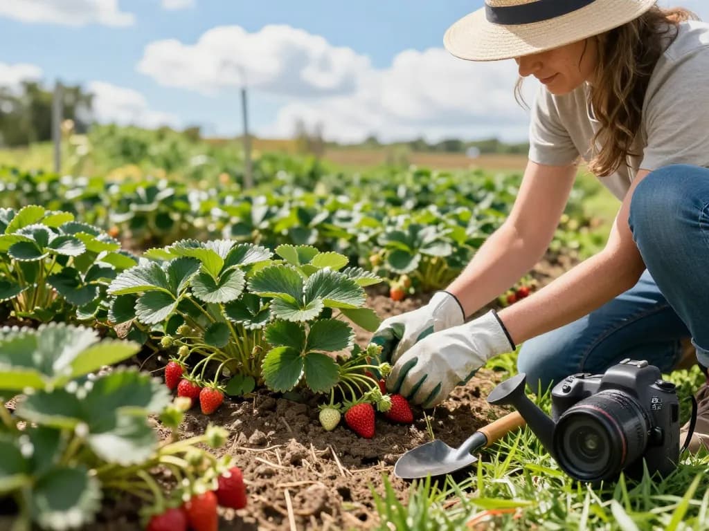 Vibrant home garden scene of a gardener tending to aardbeienplanten kopen, surrounded by fresh strawberries.