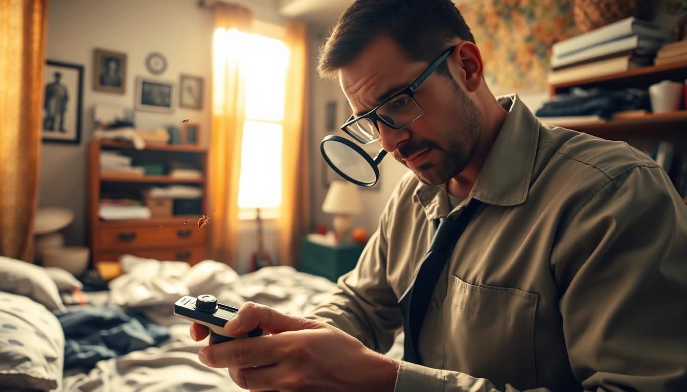 Professional bed bug extermination near me illustrated in a cozy bedroom setting.