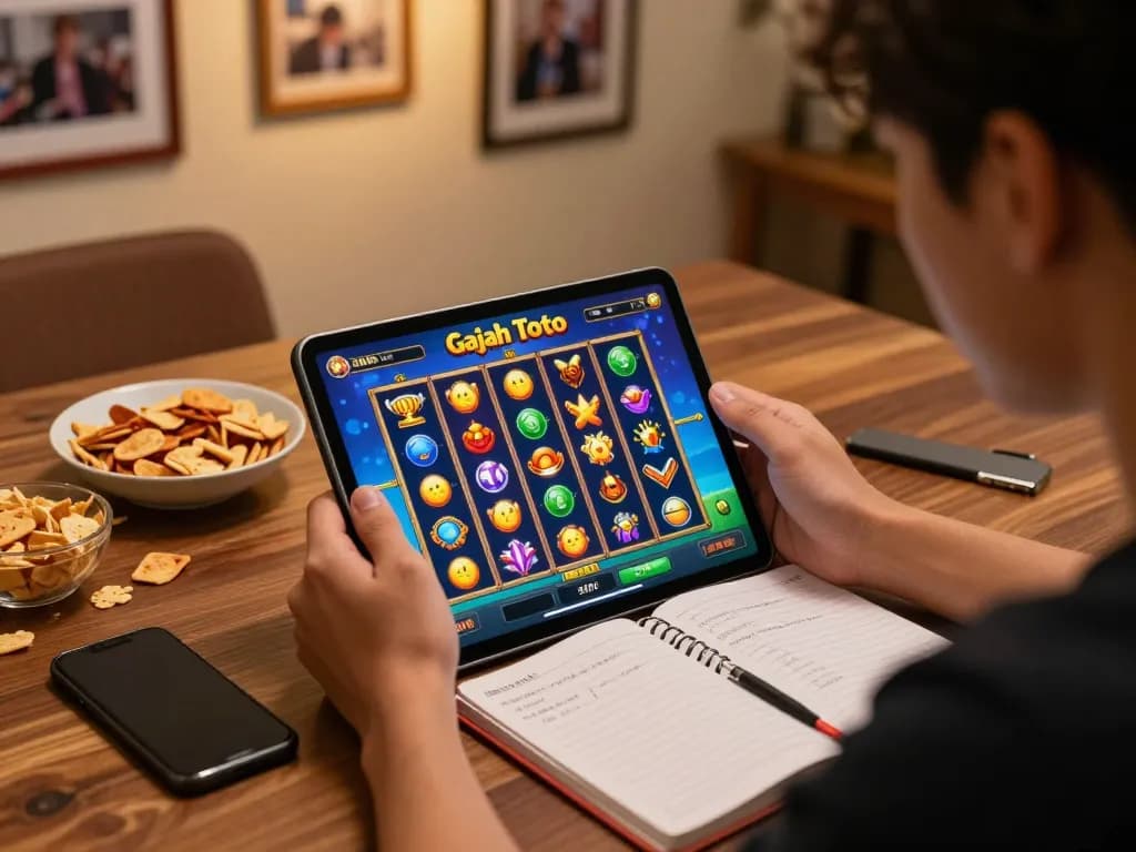 Gajah Toto online gaming setup showcasing a player engaged in strategic slot gameplay with vibrant visuals.