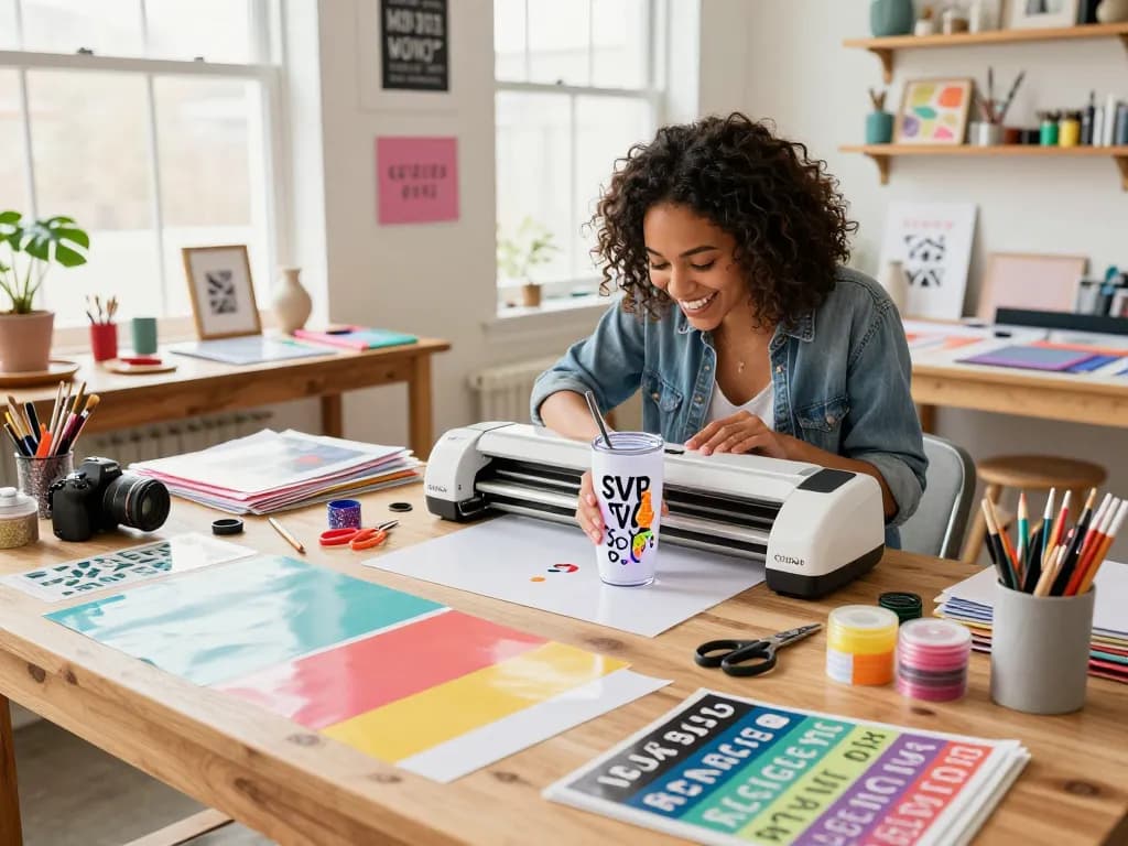 Crafting scene showcasing an svg bundle project with colorful materials and Cricut machine in action.