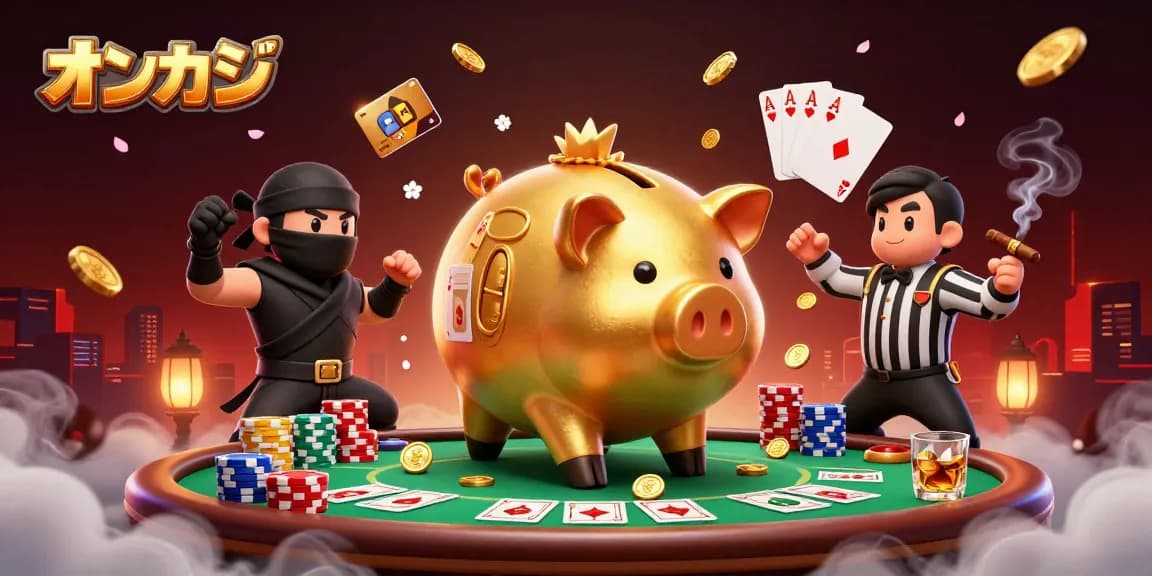 オンカジで勝利を目指し、金色の貯金箱相撲取りがコインを振りまくシーン