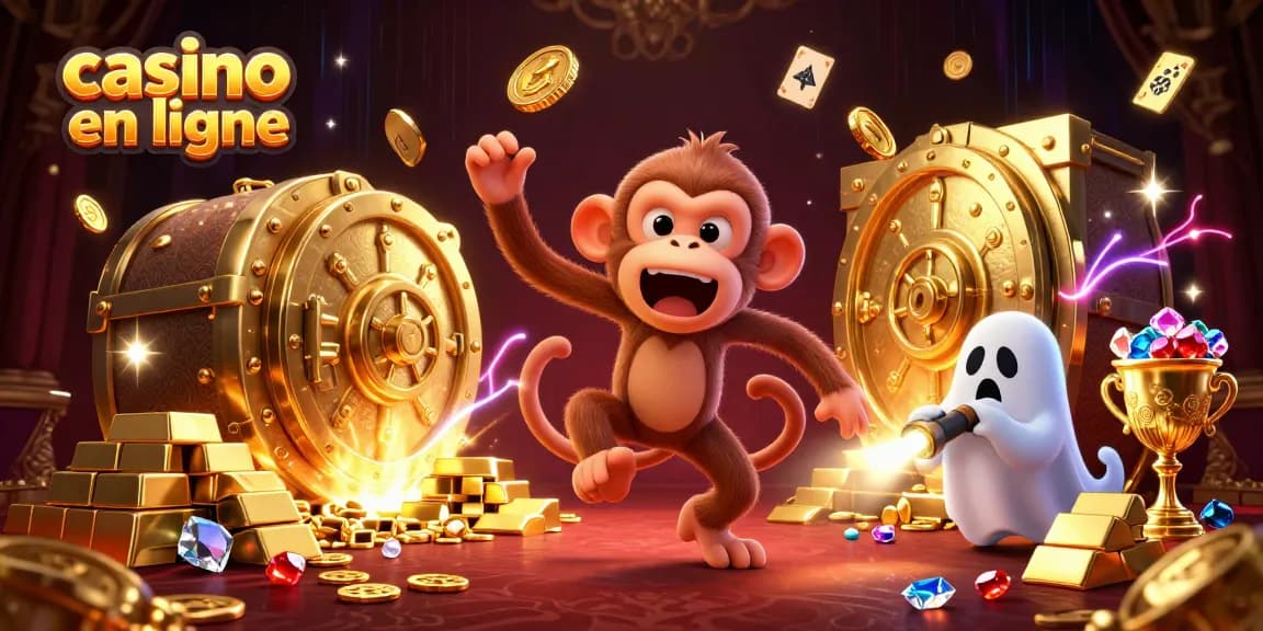 Découvrez une scène animée de casino en ligne où un singe farceur jongle avec des objets dorés, attirant les joueurs.