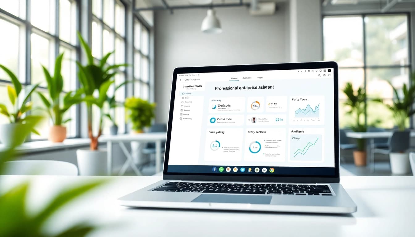 Showcase a professional enterprise assistant saas interface in a modern office.
