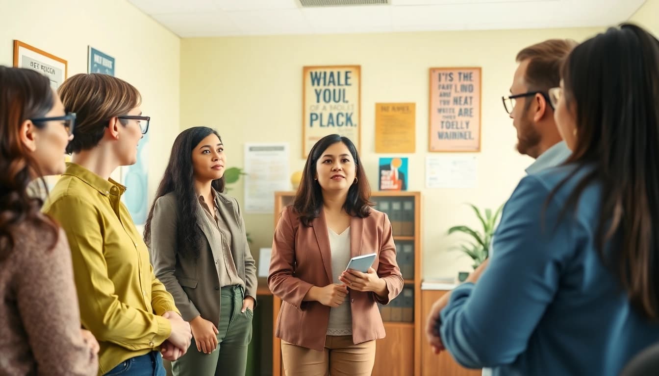Engaging career coaching session with diverse clients in a professional office setting.