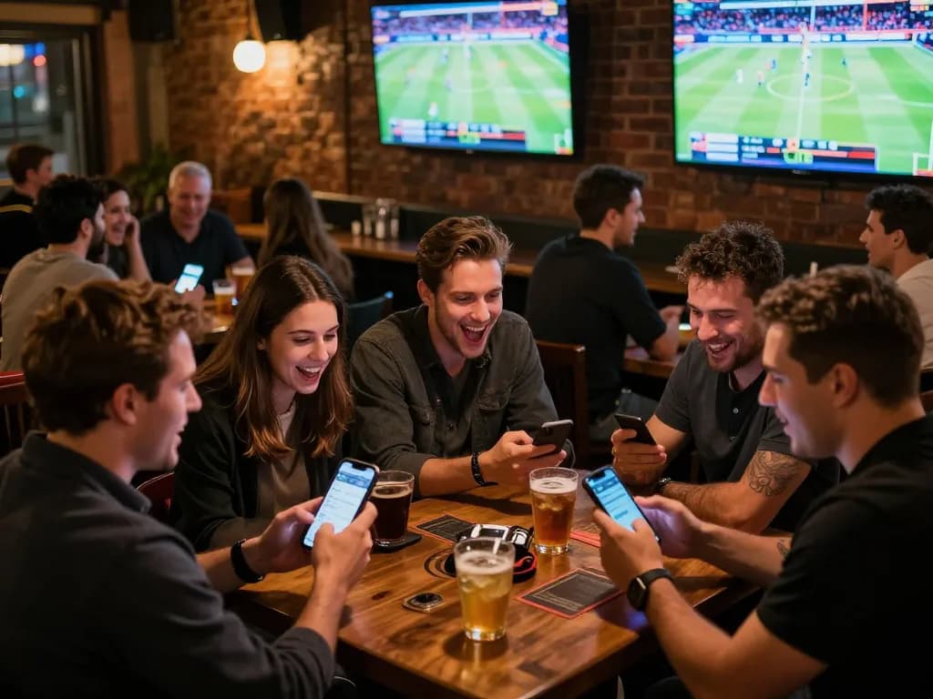 Friends engaging in sports betting at a bar, bringing excitement to uu88 vom experience.
