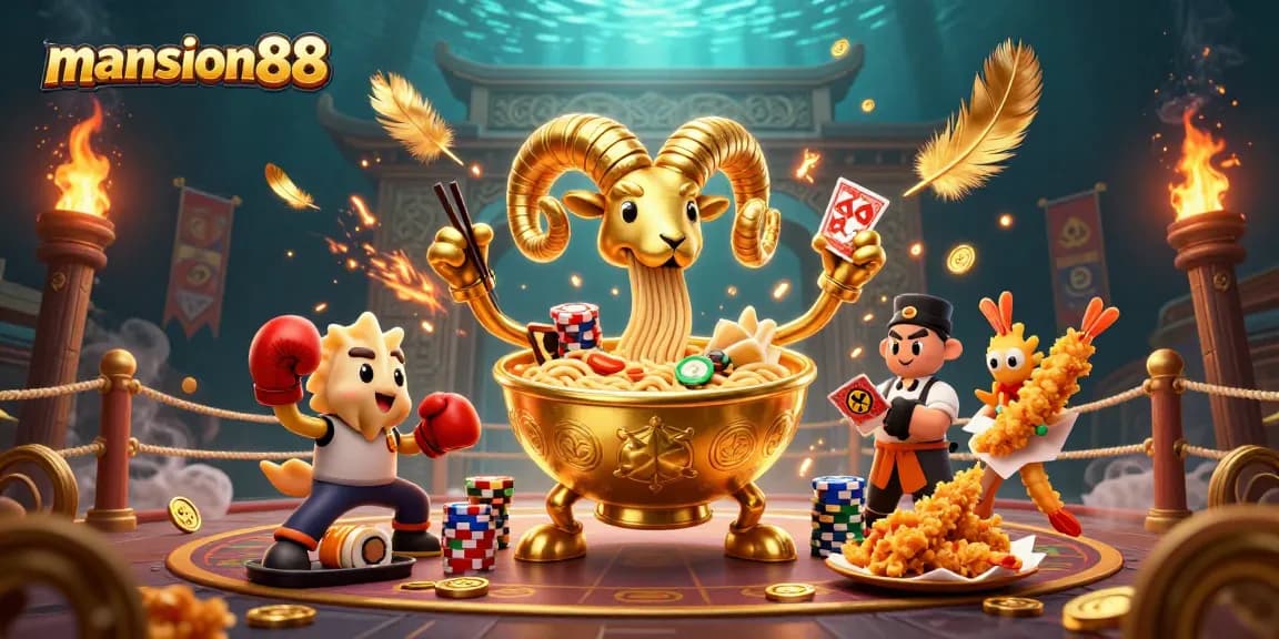 Exciting action at mansion88 with a golden ramen bowl, sushi dealer, and chip-stacking cheerleaders.