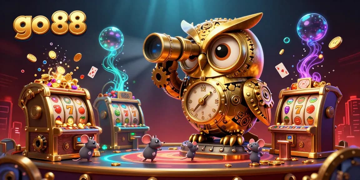 Exciting go 88 casino scene with a golden owl and slots amidst dynamic gaming elements.