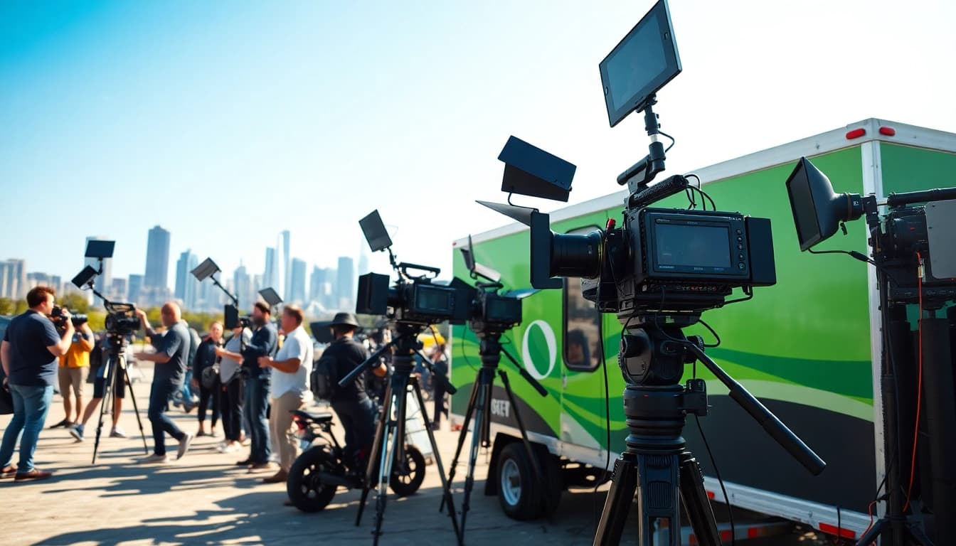 Mobile production services featuring a dynamic filming crew in action at an outdoor location.