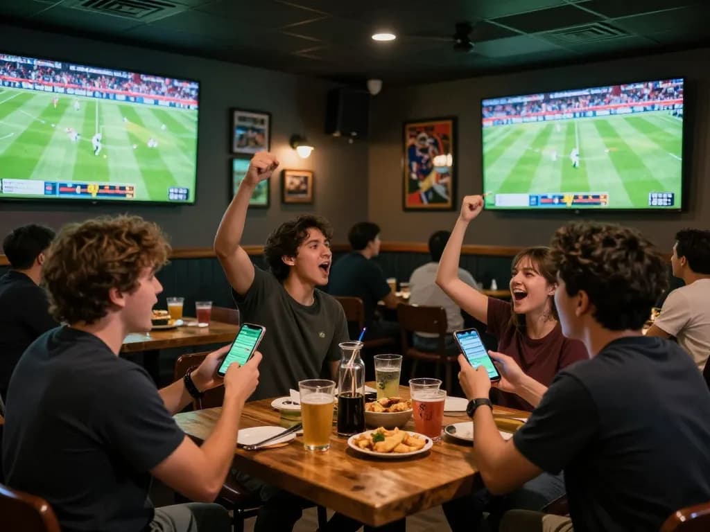 Cakhiatv sports fans enjoying live football, engaged in betting apps with excitement visible.