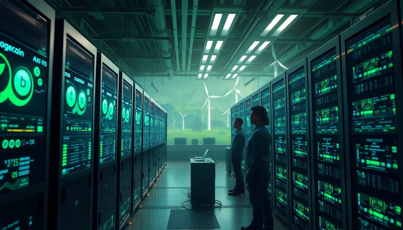 Dynamic dogecoin cloud mining facility showcasing advanced AI and green energy.