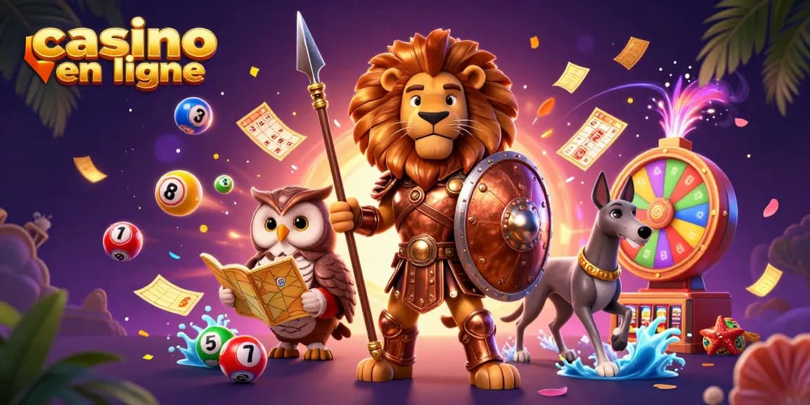 Jouer au casino en ligne avec des sphères de loterie colorées et un lion en armure.