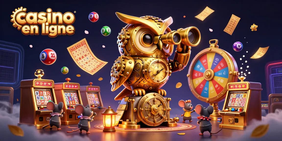 Jouez au casino en ligne avec un hibou doré et des souris mécaniques sur un fond coloré.