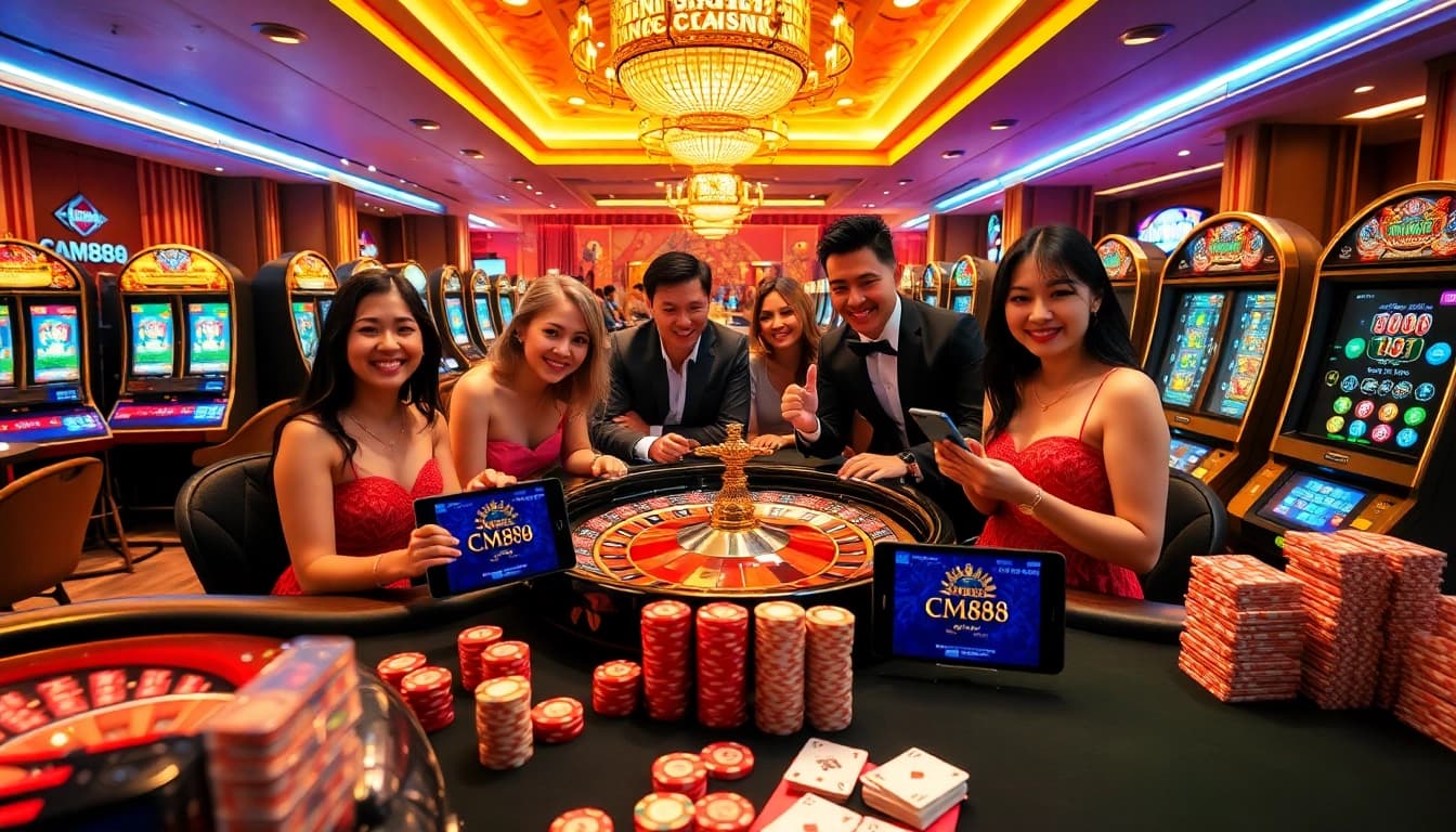 Casino excitement with CM88 app interface featuring vibrant slots and table games.