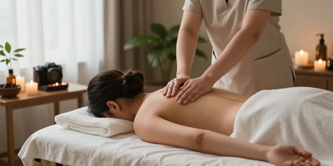 마사지 중인 therapist와 편안한 고객의 모습, 아로마 오일과 촛불로 아늑한 분위기 조성