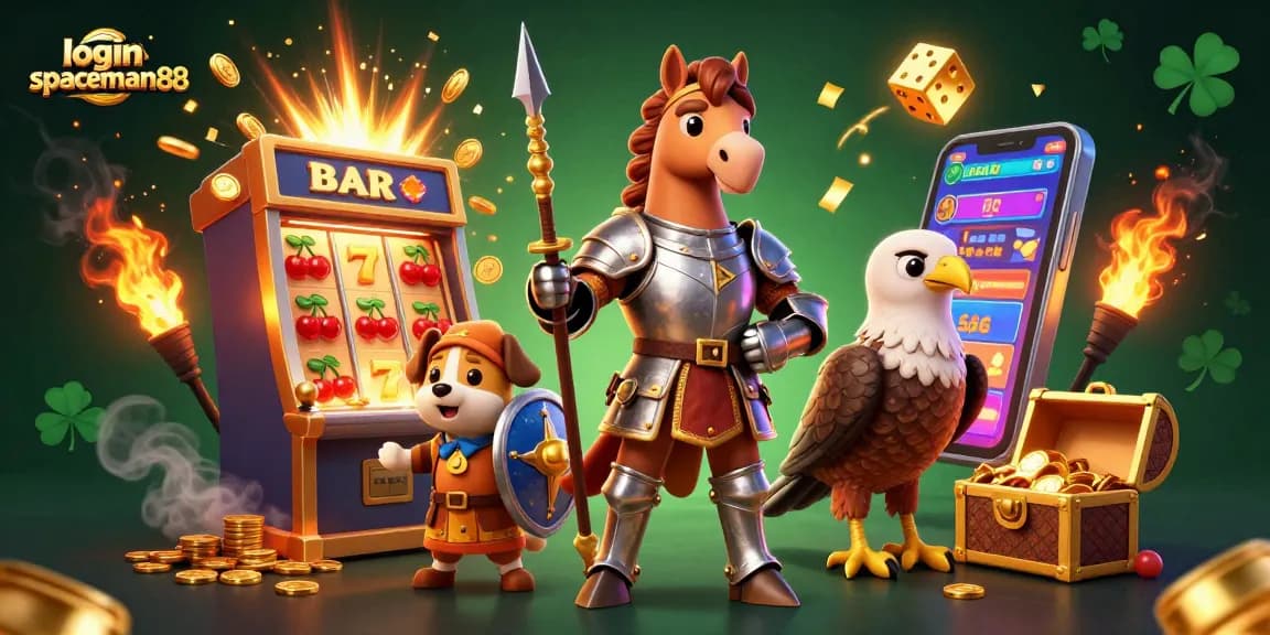 Spin the reels and win big with login spaceman88 featuring a knight and puppy in an exciting casino scene.
