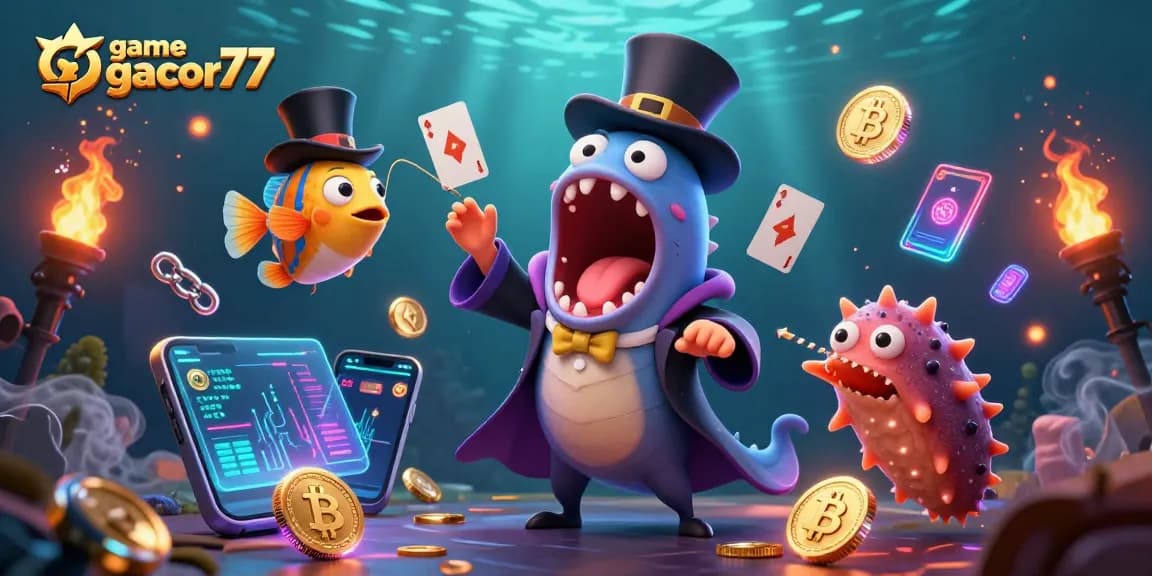 Permainan slot dengan game gacor77, menampilkan ikan dalam panggung sulap yang cerah.