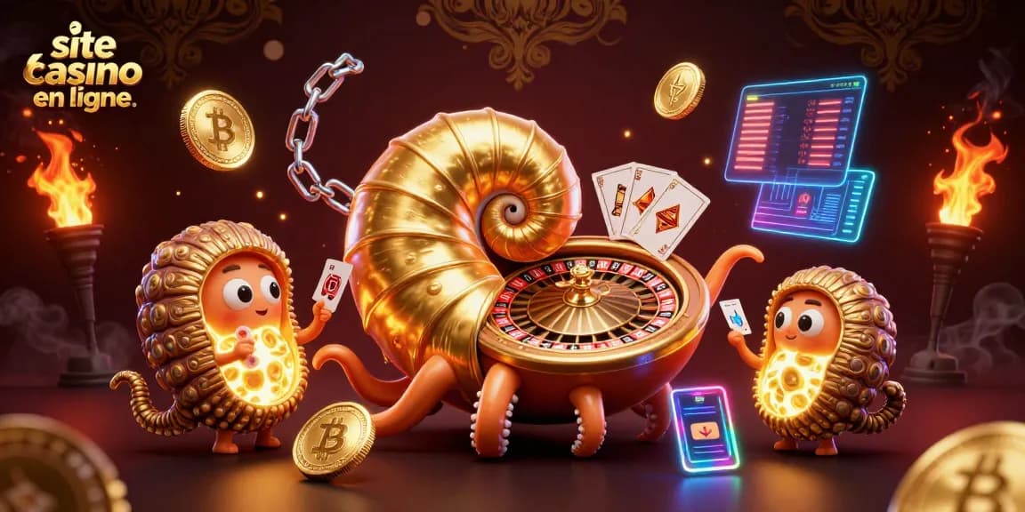 Visuel du site casino en ligne avec un nautilus géant en 3D, représentant le jeu et les cryptomonnaies.