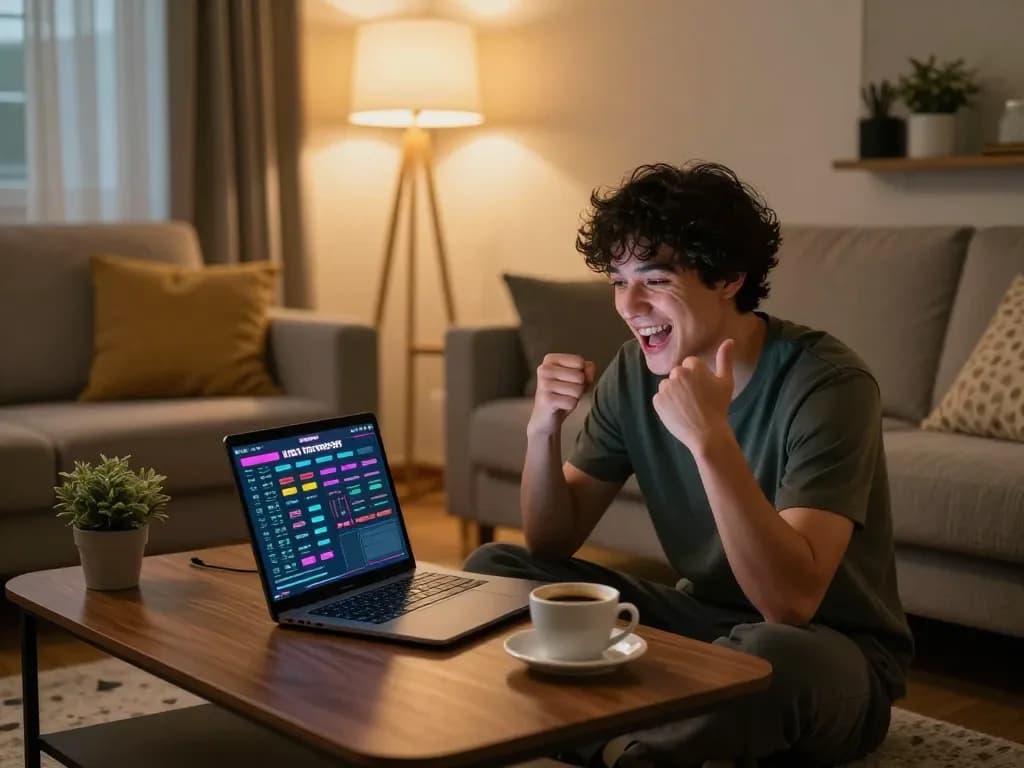 Permainan situs togel di rumah dengan seorang pemain yang fokus pada laptop mereka sambil meninjau strategi.