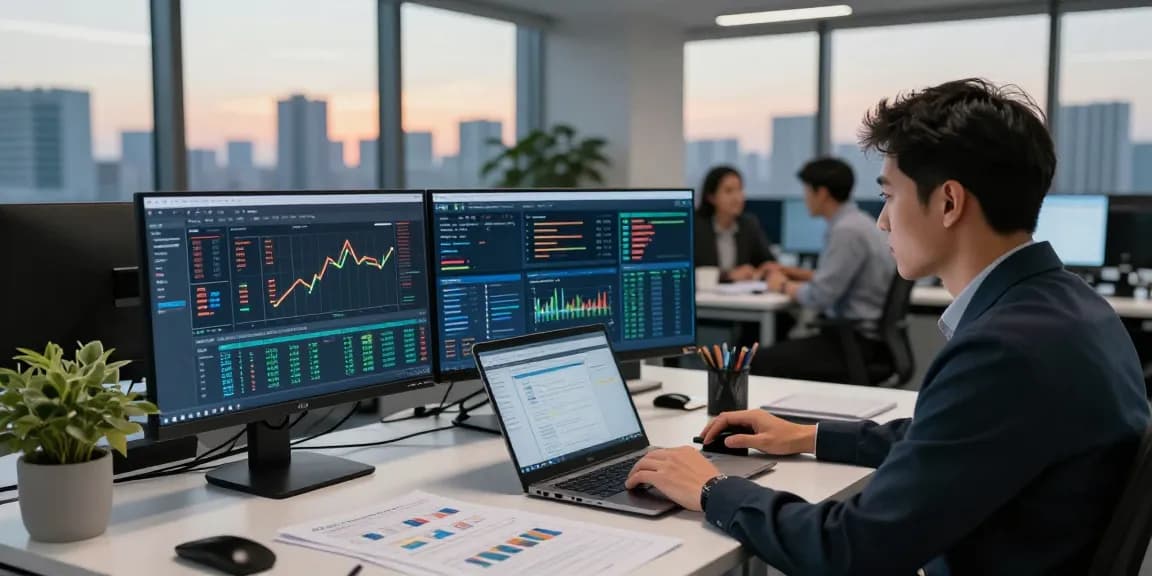 Office scene depicting financial crime intelligence analysis with multiple screens and data visualizations.
